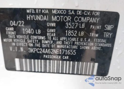 2022 Hyundai Accent Se z USA, uszkodzony, nr VIN 3KPC24A62NE171655